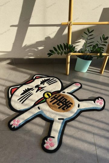 Discover Cute Lucky Cat Rug  Soft Cartoon Kitty Floor Mat, Kawaii Decor for Bedroom, Living Room, Entryway | Maneki Neko Inspired Gift