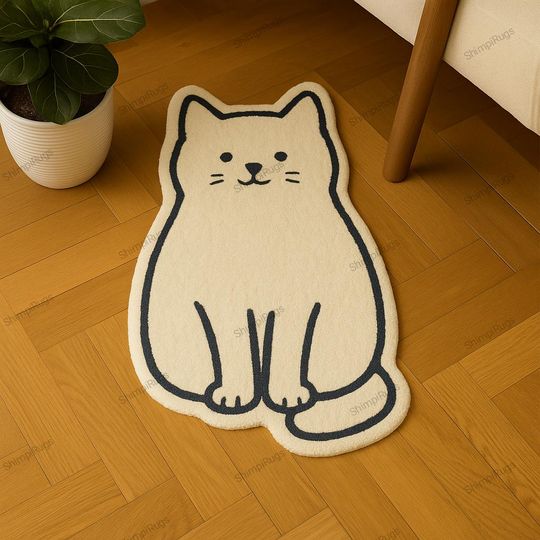 Discover White Persian Cat Shaped Wool Rug  Cute Wild Animal Carpet for Bedroom, Bathroom, Entryway or Kids Room | Available in Multiple Sizes
