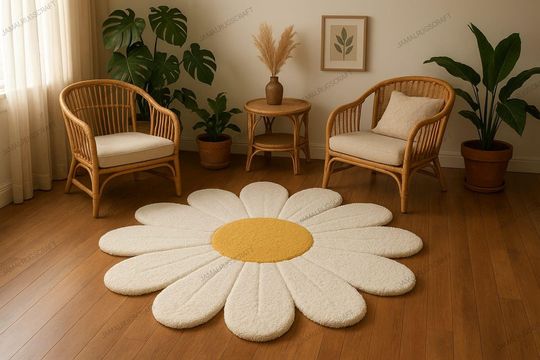 Fluffy Daisy Flower Rug  Cream & Yellow Area Carpet | Boho Modern Floral Shaped Accent Mat | Cute Kids Room, Living Room Decor 4X6