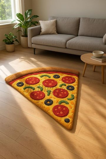 Discover Hand Tufted Cheesy Pizza Slice Rug  Fun Pepperoni & Veggie Carpet, Quirky Handmade Area Rug for Living Room, Bedroom and Playroom Decor