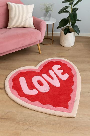 Hand-Tufted LOVE Heart Rug  Irregular Shaped Valentine-Inspired Accent for Cozy & Chic Interiors