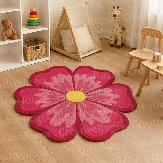 Hand Tufted Pink Flower Shaped Kids Wool Rug  Cute Floral Minimalist Area Rug for Nursery, Playroom, Bedroom, Office or living room Dcors