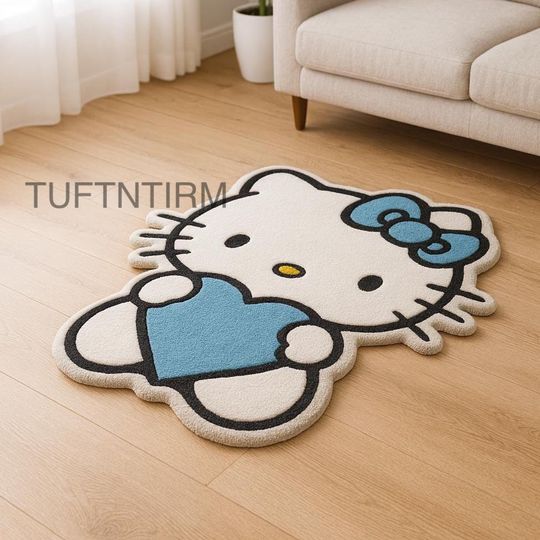 Discover Cute Cat Rug with Blue Heart  Hand Tufted Wool Irregular Kawaii Carpet | Festival Gift for Kids, Girls & Friends | Cute Bedroom Dcor Rug