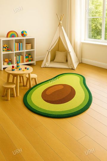 Whimsical Avocado Slice Rug  Playful Green Tufted Carpet for Cozy Kids Spaces & Modern Homes