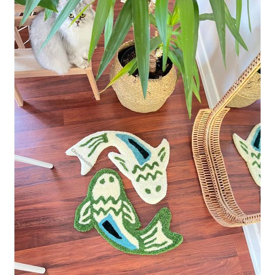 Discover Handmade Koi Fish Rug: Green & Blue Yin Yang Design