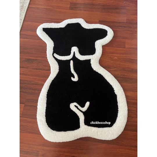 Abstract Body Tufted Rug  Modern Black and White Handmade Figure Carpet  Unique Minimalist Art Floor Decor