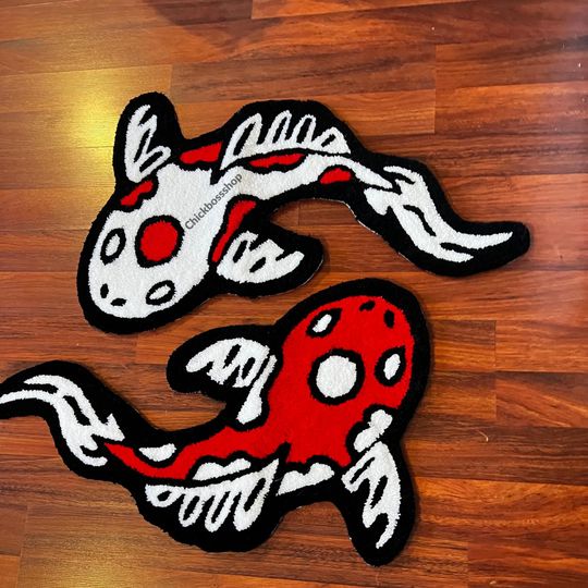 Discover Red Koi Yin Yang Fish Rug | Custom Asian Tufted Rug | Fluffy & Soft Tufting
