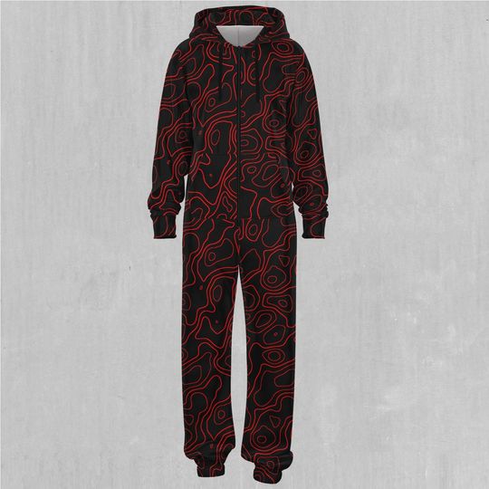 Red Topographic Camo Adult  Zip Up Jumpsuit Pajamas
