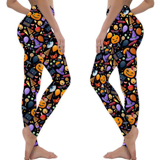 Buttery Soft Halloween Medley Leggings, Women's and Plus Size Jack 'o' Lantern ,Candy, Black Cat, Witch, Spooky, Fall