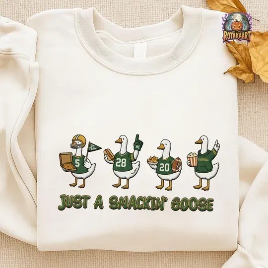 Silly Goose Embroidered Sweatshirt, Just A Snackin'n Goose Embroidered Shirt, Green Bay Packers Shirt, Packers Goose Halloween Embroidery