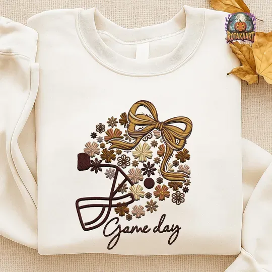 Coquette Football Embroidered Sweatshirt, Floral Football Embroidered Shirt, Touchdown Season Shirt, Football Mama Halloween Embroidery
