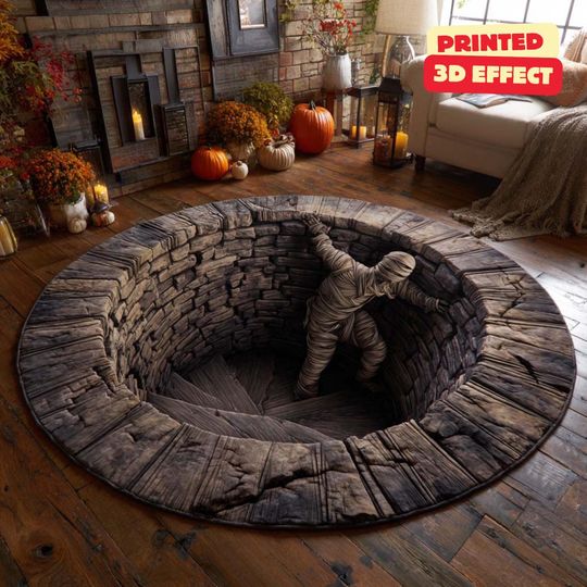 3D Effect Printed Halloween Witch Rug – Spooky Round Welcome Mat for Indoor Decor