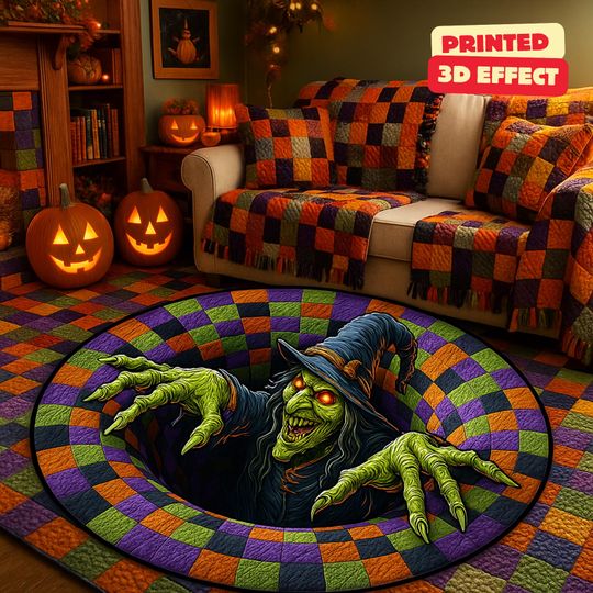 3D Printed Halloween Witch Rug, Spooky Ghost Welcome Mat, Round Indoor Decor, Halloween Shaped Rug