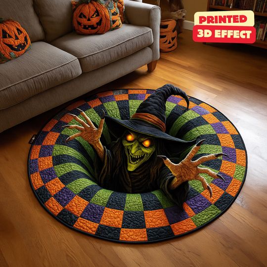 3D Printed Halloween Witch Rug, Spooky Round Ghost Welcome Mat, Indoor Fall Decor