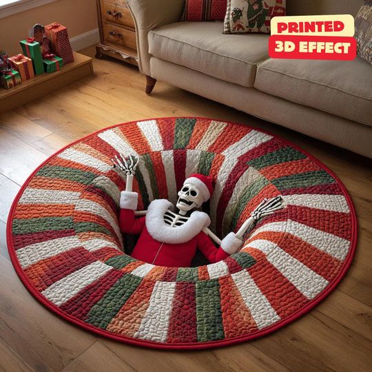 Halloween Santa Trapdoor 3D Printed Rug, Skeleton Welcome Mat, Indoor Rug Decor, Christmas Home Decor