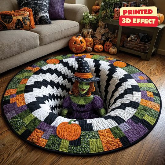 Discover 3D Effect Printed Halloween Witch Rug, Spooky Round Ghost Welcome Mat, Indoor Halloween Decor