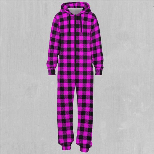 Pink Checkered Plaid Adult  Zip Up Jumpsuit Pajamas