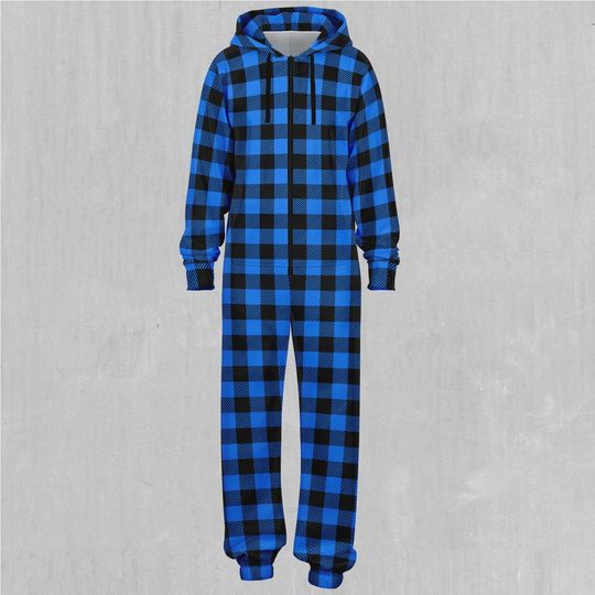 Blue Checkered Plaid Adult  Zip Up Jumpsuit Pajamas