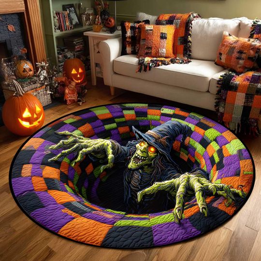 Discover 3D Printed Halloween Witches Rug, Spooky Round Ghost Welcome Mat, Indoor Fall Decor
