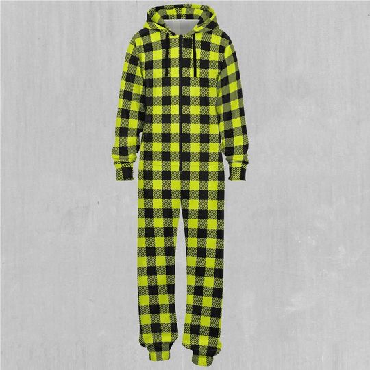 Yellow Checkered Plaid Adult  Zip Up Jumpsuit Pajamas