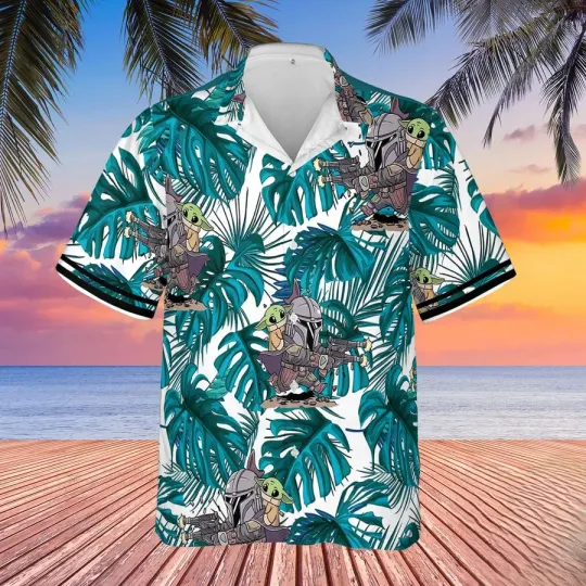 Discover Disney Star Wars Boba Fett And Baby Yoda Fighting Tropical Green Hawaiian Shirt