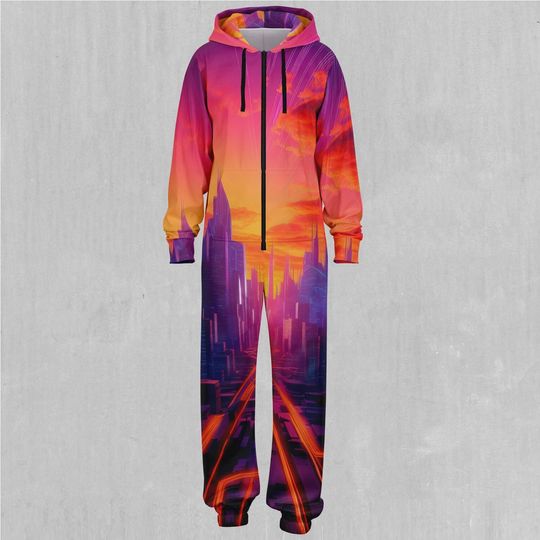 Neon Skyline Retro Vaporwave Synthwave Adult  Zip Up Jumpsuit Pajamas