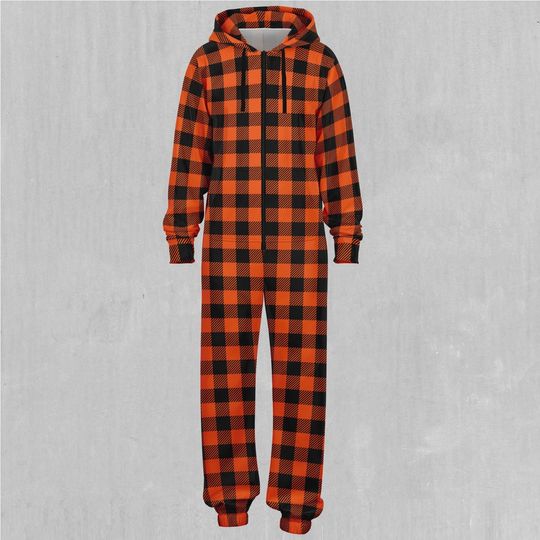 Orange Checkered Plaid Adult  Zip Up Jumpsuit Pajamas