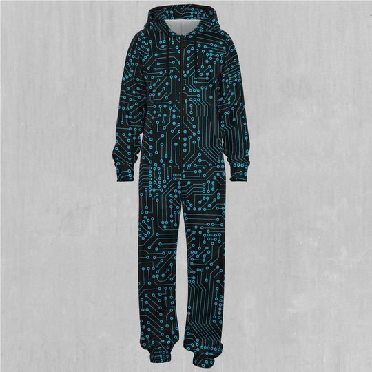 Blue Cybernetic Abstract Adult  Zip Up Jumpsuit Pajamas