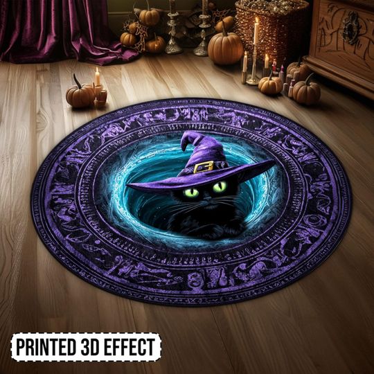 Discover Halloween Black Cat 3D Printed Rug, Mystical Black Cat Halloween Welcome Mat, Halloween Indoor Rug, Fall Home Decor, Spooky Season Gift