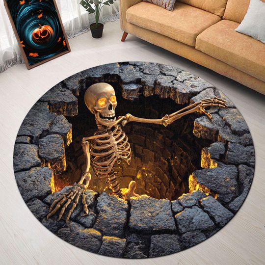 Discover Printed Faux 3D Skeleton Round Rug, Halloween Scary Skeleton Carpet, Spooky Illusion Floor Mat for Haunted House Party Decoration