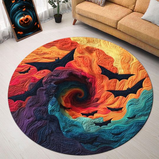 Discover Halloween Bat 3D Swirl Round Rug, Colorful 3D Optical Illusion Carpet, Spooky Fall Decor Floor Mat for Living Room, Halloween Bat Rug Mat