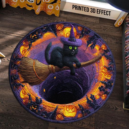 Discover Halloween Black Cat Round Rug 3D, Witch Hat Cat with Broom Optical Carpet, Spooky Pumpkin Area Rug for Haunted House Decor, Cat Witchy Decor
