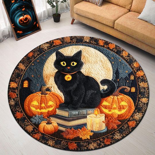 Discover Halloween Black Cat Book 3D Printed Rug, Halloween Black Cat Welcome Mat, Black Cat Indoor Rug, Halloween Fall Home Decor, Book Lovers Gift