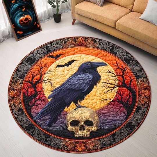 Discover Mystic Black Raven Halloween 3D Print Rug, Black Crow Round Mat, Rug for Living Bedroom Home Decor, Halloween Indoor Rug, Spooky Season Gift