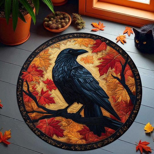 Fall Raven Round Rug, Black Crow on Autumn Maple Leaves Carpet, Gothic Fall Style Area Rug for Living Bedroom Home Decor,Halloween Raven Rug
