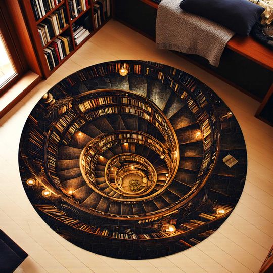 Discover 3D Effect Printed Vintage Library Rug, Bookish Halloween Round Mat, Gift for Book Worms, Librarian Gift,  Reading Room Indoor Carpet