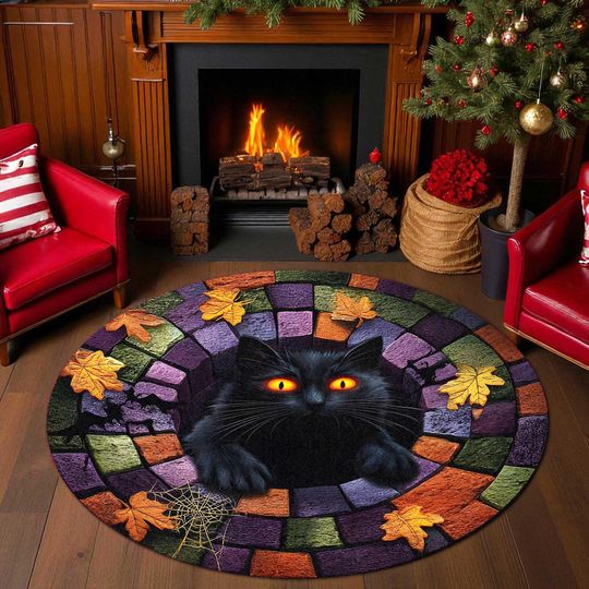 Discover Halloween Black Cat 3D Printed Rug, Halloween Black Cat Welcome Mat, Black Cat Indoor Rug Decor, Halloween Fall Home Decor