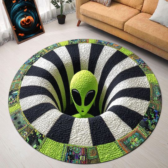Discover 3D Alien Round Rug, Optical Illusion Green Alien Carpet with Black White Spiral Hole Design, Alien Area Rug Home Decoration, Alien UFO Gift
