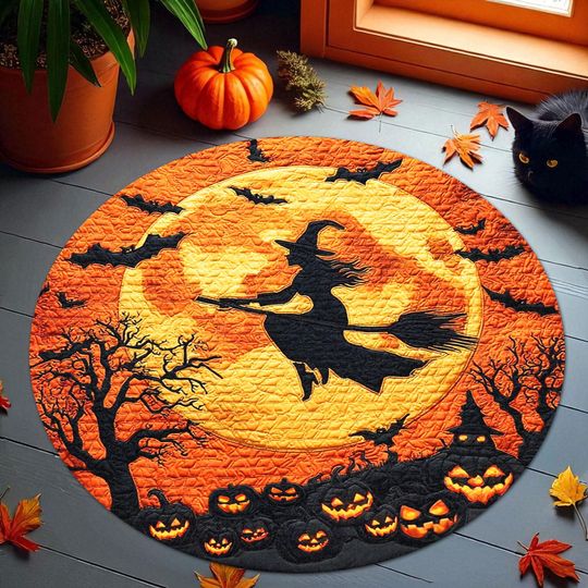 Discover Halloween Witch Round Rug, Spooky Pumpkin and Full Moon Carpet, Flying Witch and Bats Area Rug for Holiday Decor, Witchy And Moon Rug Mat