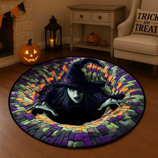 Halloween Witch 3D Printed Rug, Witch Welcome Mat, Ghost Indoor Rug, Fall Home Decor, Spooky Season Gift