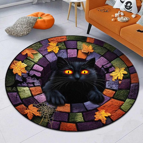Printed Faux 3D Effect Halloween Black Cat Rug, Spooky Halloween Black Cat Mat, Halloween Black Cat Welcome Rug, Black Cat Indoor Decor