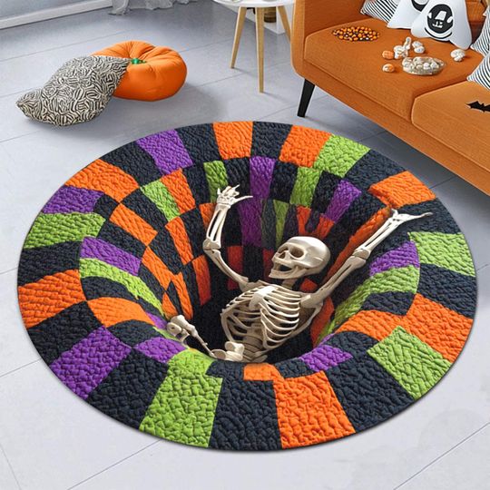 Discover Printed 3D Effect Quilt Printed Halloween Skeleton, Spooky Halloween Round Mat, Halloween Ghost Welcome Rug, Skeleton Indoor Mat Decor
