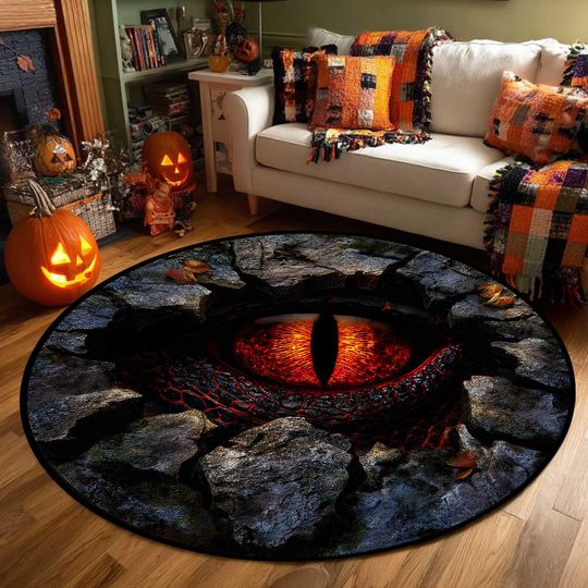 Discover Printed 3D Halloween Dragon Eye Round Rug, Scary Halloween Dragon Eye Design, Creepy Illusion Floor Decor for Haunted House and Living Room