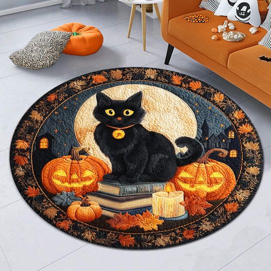 Discover 3D Effect Printed Black Cat Halloween Rug, Spooky Black Cat Halloween Round Mat, Halloween Welcome Mat, Indoor Home Decor Spooky Season Gift