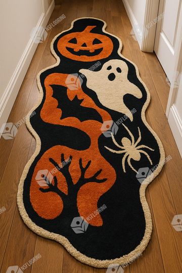 Spooky Halloween Runner Rug with Ghost, Pumpkin, Bat & Spider for Entryway