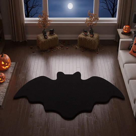 Halloween Bat Shaped Rug Gothic Black Cotton Floor Mat Haunted House Spooky Home Decor