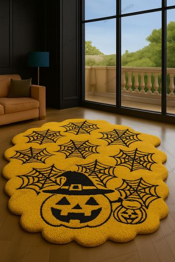 Discover Halloween Shaped Rug 4.6x5.7 ft, Yellow Scalloped Carpet with Spider Webs & Witch Pumpkin for Living Room & Entryway