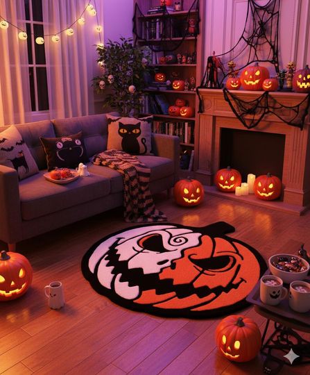 Hand-Tufted Halloween Pumpkin Rug  Spooky Skull Pumpkin Floor Mat  Kids Room Decor  Fall Seasonal Rug  Trick-or-Treat Accent Piece