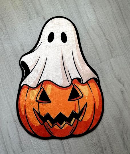 Discover Halloween Ghost Pumpkin Shaped Rug, Jack O' Lantern Non-Slip Doormat, Spooky Fall Decor for Entryway, Bathroom, Kitchen, Kids Room, Nursery