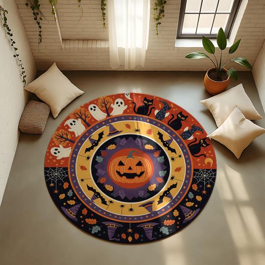Halloween Round Rug with Ghosts, Pumpkins & Cats - Spooky Cute Carpet for Fall Decor, Witchy Living Room or Halloween Party Floor Mat